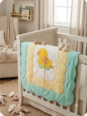 Handmade Vintage Baby Quilt Yellow Duck Scalloped Border